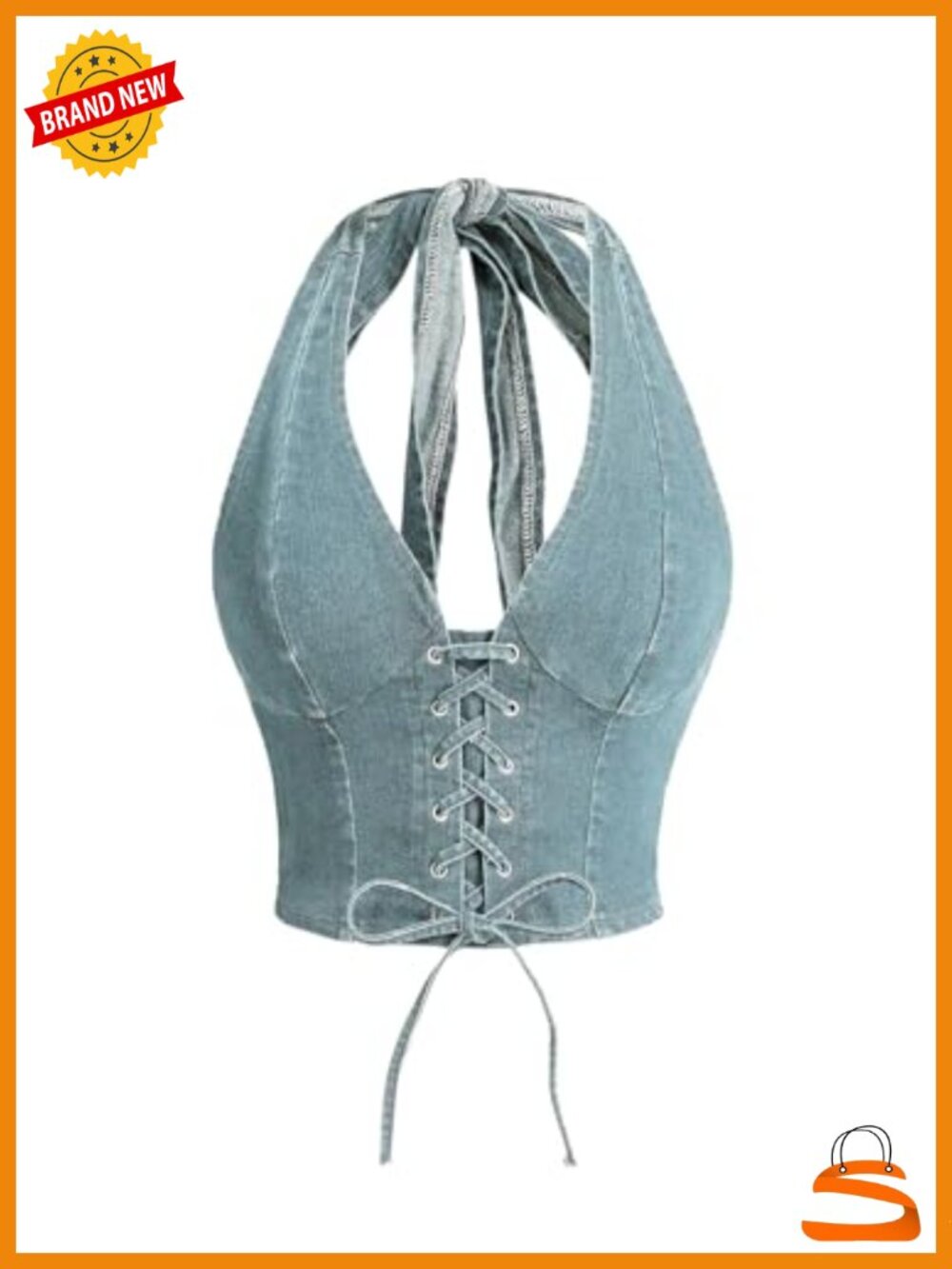 Lace Up Front Denim Halter Crop Top